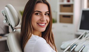 woman in dental office smiling
